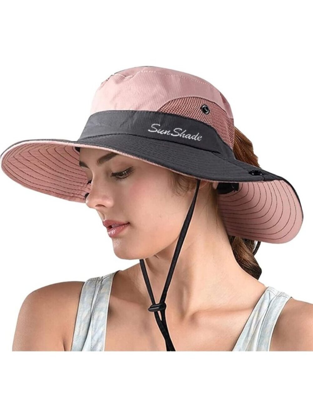 Women's Pink 100% Polyester Wide Brim Mesh Uv Protection Chin Strap Cowboy Hat